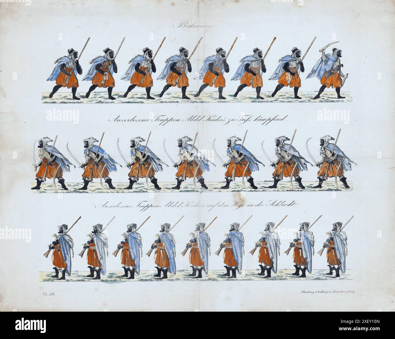 Disegno vintage dei guerrieri Beduinen: Truppe selezionate di Abdel Kader sulla strada per la battaglia. 1830 Abdelkader, scritto anche Abd el-Kader o Abdul-Qadir (1808 - 1883), amir di Mascara (dal 1832), il capo militare e religioso che fondò lo stato algerino e guidò gli algerini nella loro lotta del XIX secolo contro la dominazione francese (1840-46). Foto Stock Disegno vintage dei guerrieri Beduinen: Truppe selezionate di Abdel Kader sulla strada per la battaglia. 1830 Abdelkader, scritto anche Abd el-Kader o Abdul-Qadir (1808 - 1883), amir di Mascara (dal 1832), il capo militare e religioso che fondò lo stato algerino e guidò gli algerini nella loro lotta del XIX secolo contro la dominazione francese (1840-46). Foto Stock