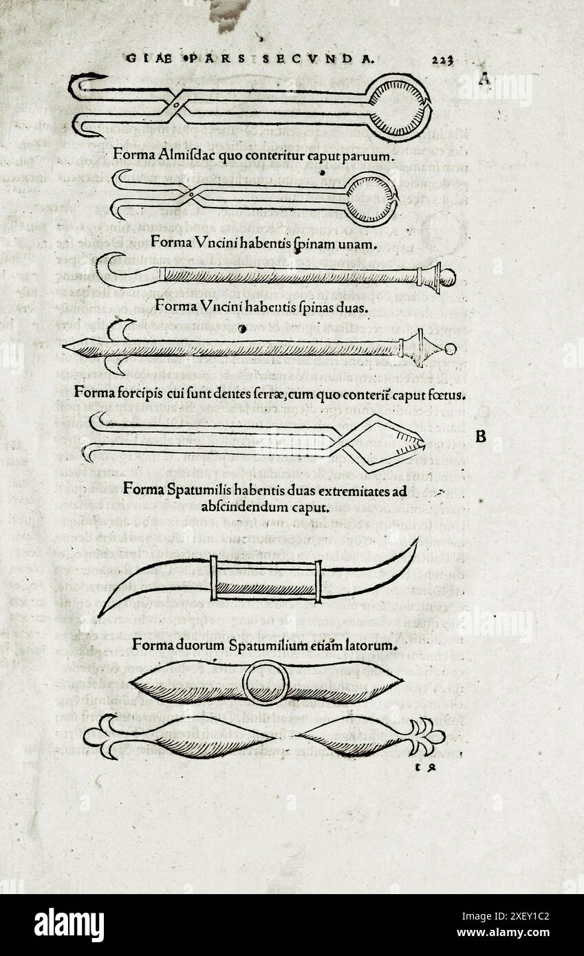 L'illustrazione del XVI secolo della chirurgia e delle operazioni chirurgiche nel Medioevo: Strumenti chirurgici. Dai libri medievali di Ottavio Horatiano e Abu al-Qasim Khalaf ibn al-Abbas al-Zahrawi. 1532 Foto Stock