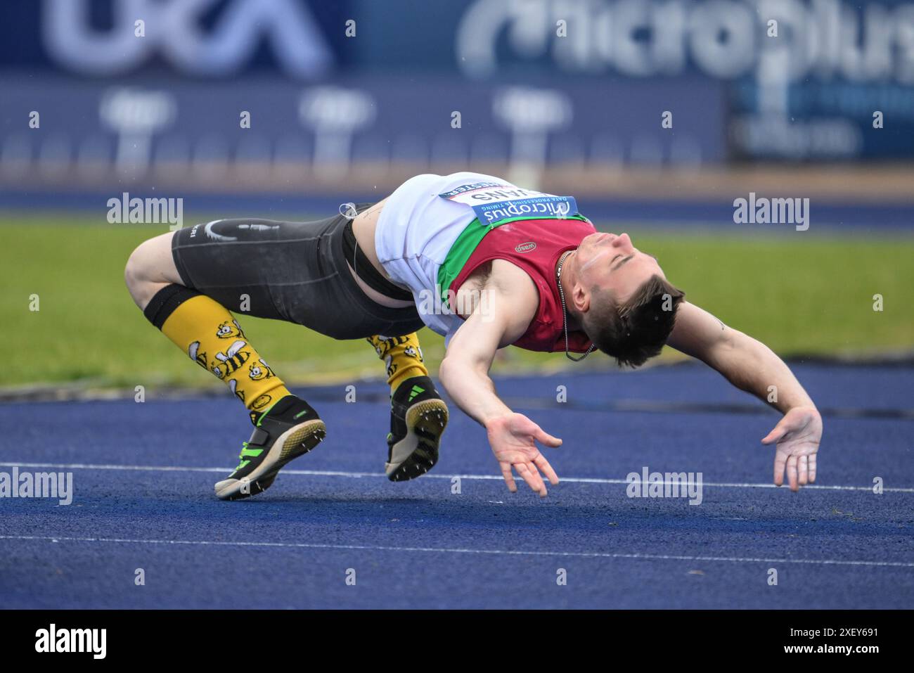 Manchester, Regno Unito. 30 giugno 2024. Charlie Evans torna in piedi durante il Microplus UK Athletics Championships Day 2 alla Manchester Regional Arena, Manchester, Regno Unito, 30 giugno 2024 (foto di Craig Thomas/News Images) a Manchester, Regno Unito, il 6/30/2024. (Foto di Craig Thomas/News Images/Sipa USA) credito: SIPA USA/Alamy Live News Foto Stock