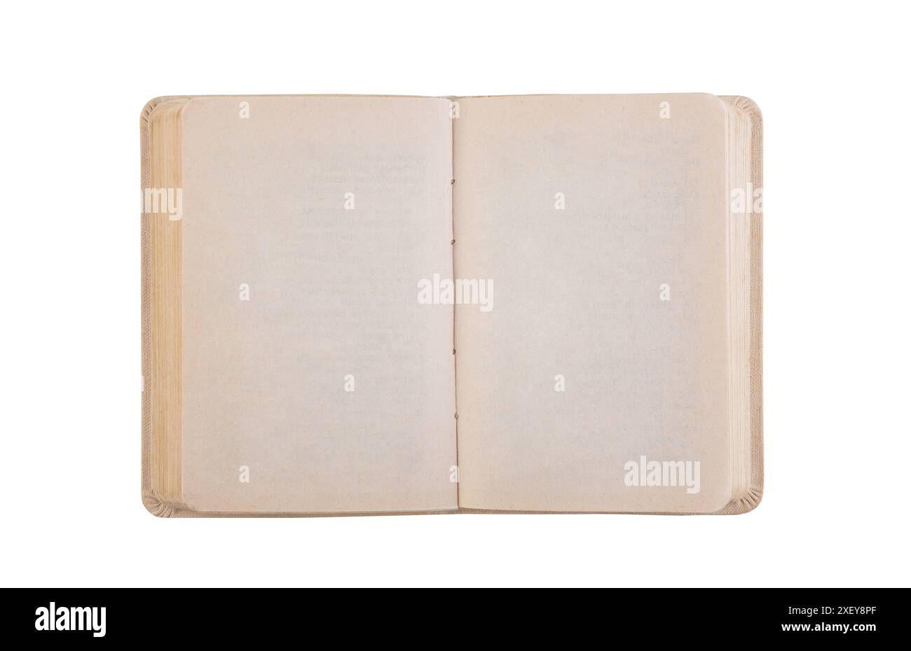Aprire il vecchio libro con pagine vuote isolate su sfondo bianco con percorso di ritaglio Foto Stock