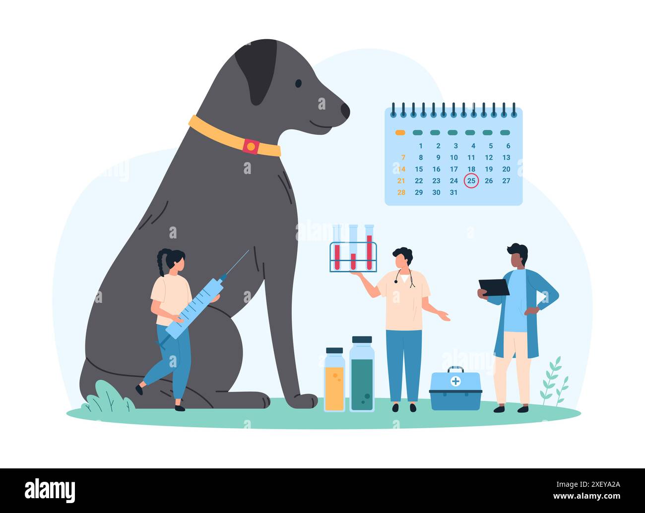 Vaccinazione dell'animale domestico, visita in clinica veterinaria professionale. Le persone piccole controllano la data di iniezione del vaccino sul calendario, infermiere che tiene la siringa per la vaccinazione di grande cane seduta illustrazione vettore del cartone animato Illustrazione Vettoriale