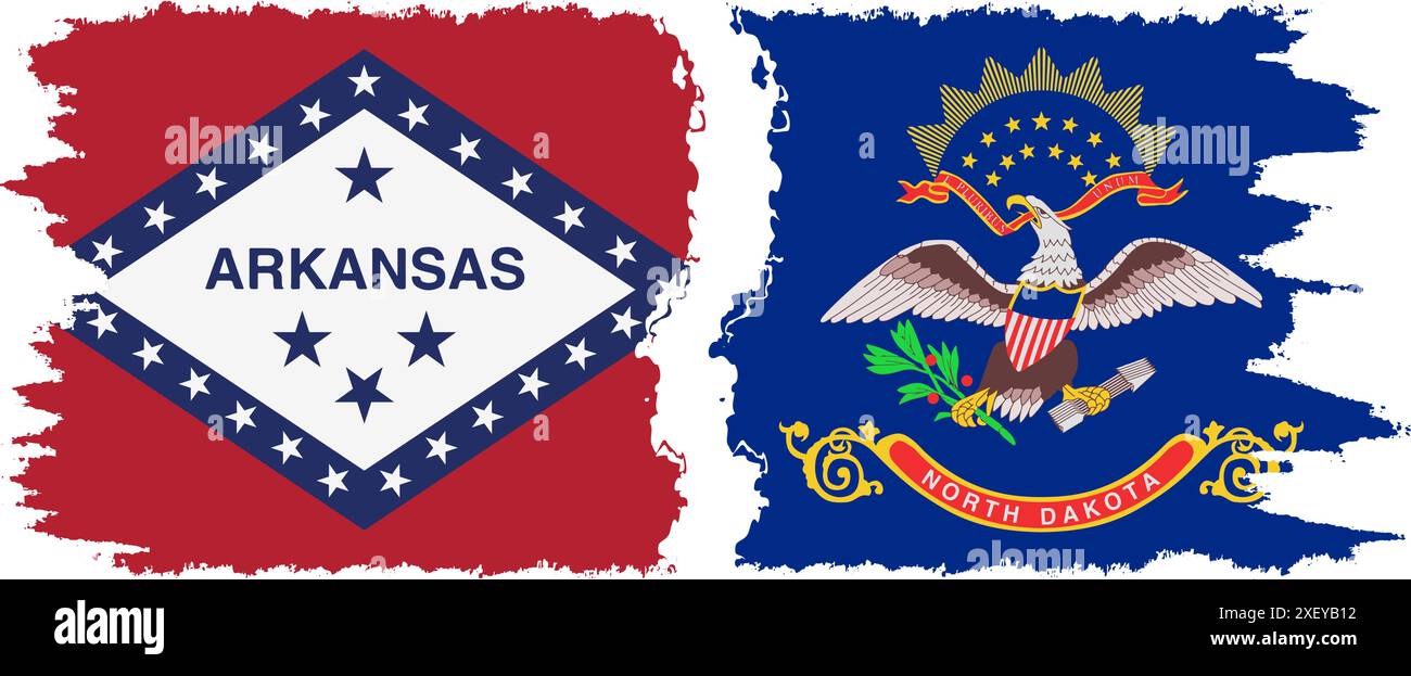 stati del Nord Dakota e dell'Arkansas segnalano la connessione vettoriale delle bandiere del pennello grunge Illustrazione Vettoriale