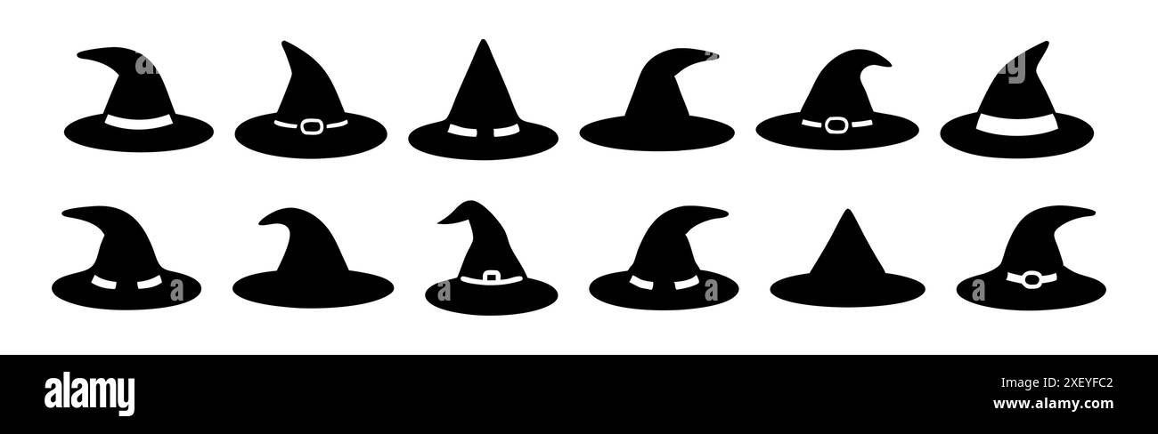 Set di sagome nere di cappelli da strega isolati su sfondo bianco. Il mago ha puntato i cappelli. Concetto di accessorio Halloween, simbolo magico, stile minimalista, decorazioni natalizie. Stampa, icona, elementi di design Illustrazione Vettoriale