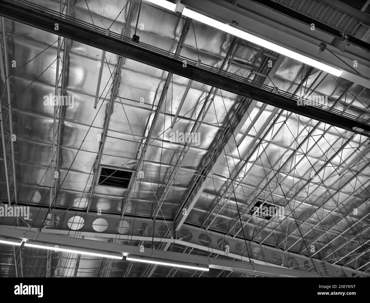Il soffitto con tubi e' decorato splendidamente con molte lampade industriali Foto Stock Il soffitto con tubi e' decorato splendidamente con molte lampade industriali Foto Stock