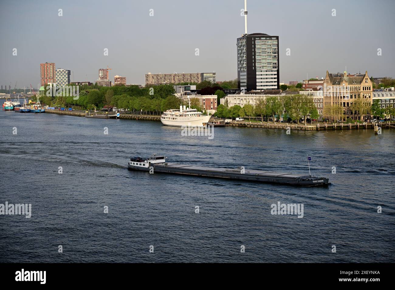 Una chiatta di passaggio sul fiume nuova Mosa nel centro di Rotterdam, Paesi Bassi. Foto Stock