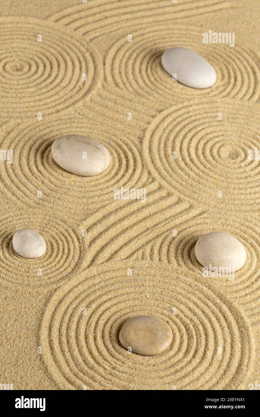 Giardino Zen con motivo di sabbia e pietre Foto Stock