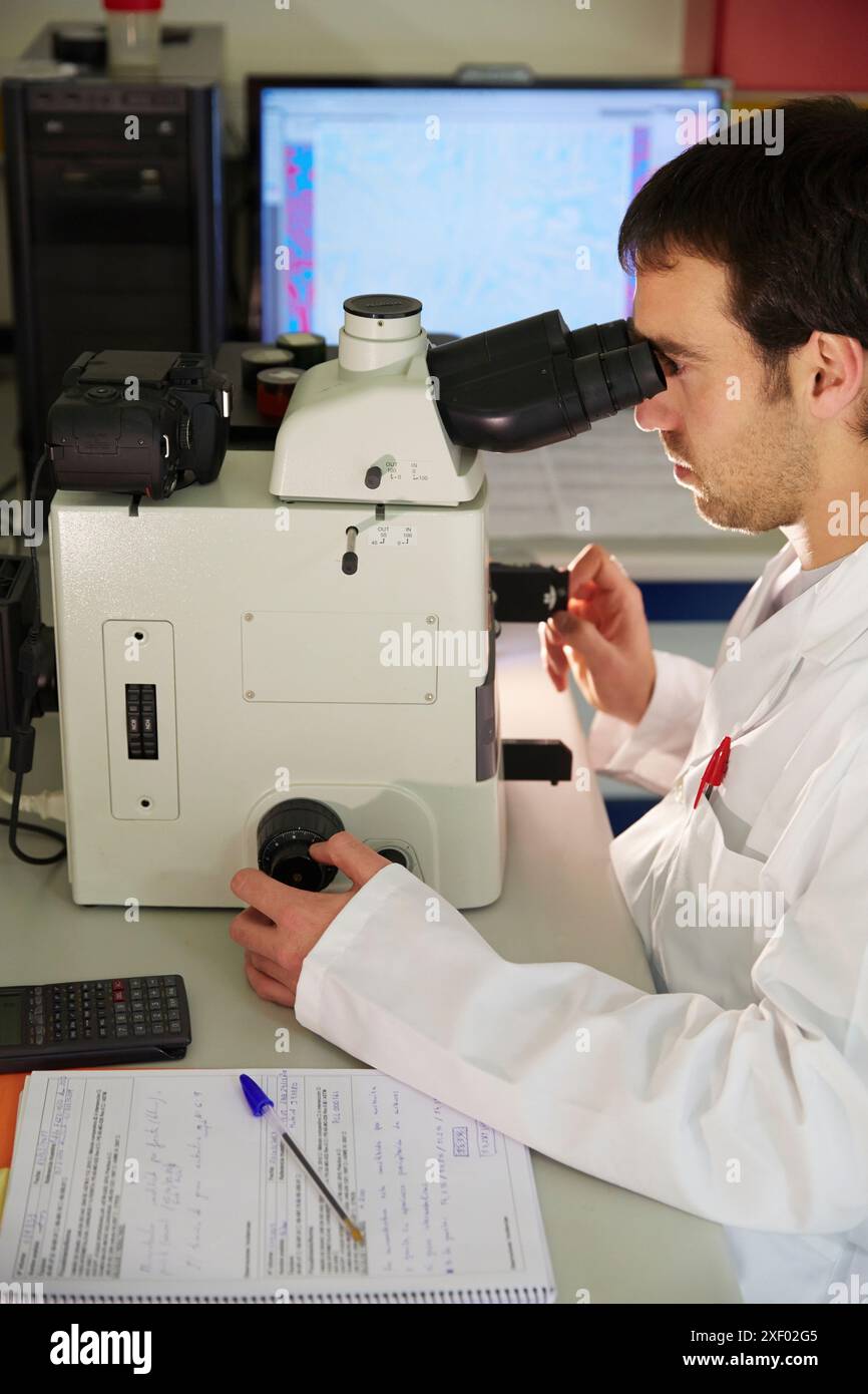 Analisi dei campioni incorporati. Microscopia ottica. Caratterizzazione, test e analisi di materiali e componenti. Servizi tecnologici all'industria. Foto Stock