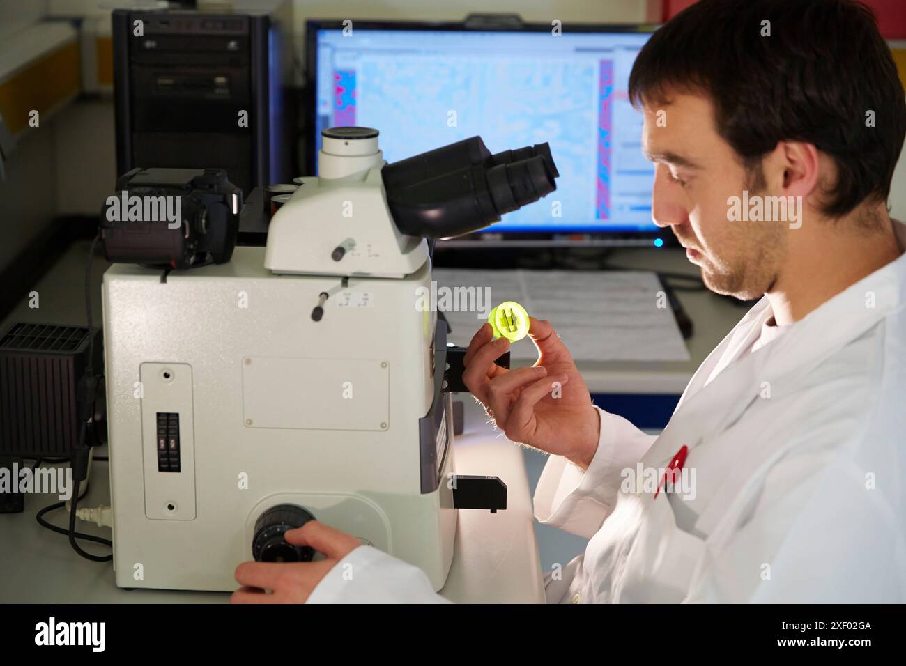 Analisi dei campioni incorporati. Microscopia ottica. Caratterizzazione, test e analisi di materiali e componenti. Servizi tecnologici all'industria. Foto Stock