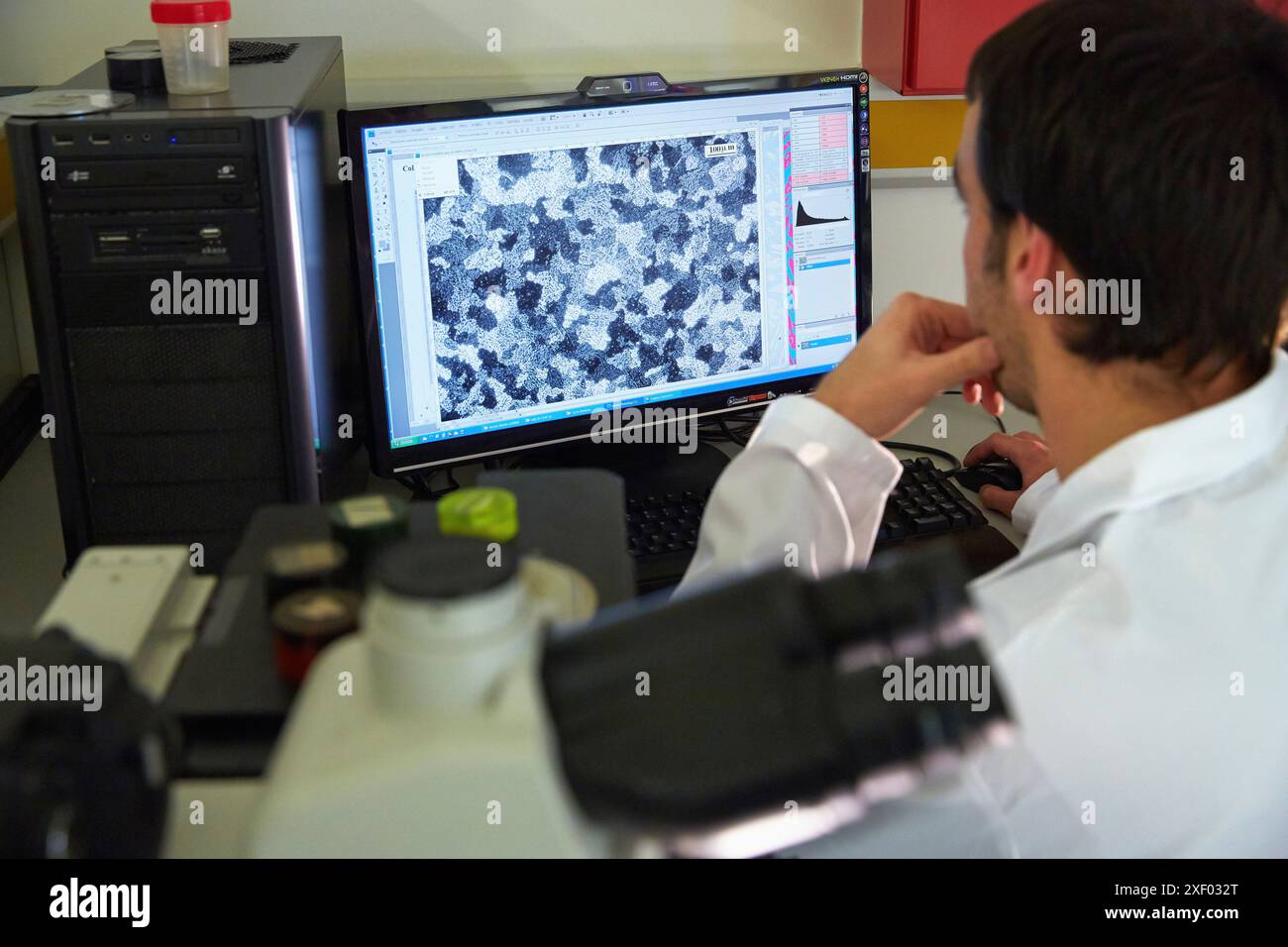 Analisi dei campioni incorporati. Microscopia ottica. Caratterizzazione, test e analisi di materiali e componenti. Servizi tecnologici all'industria. Foto Stock