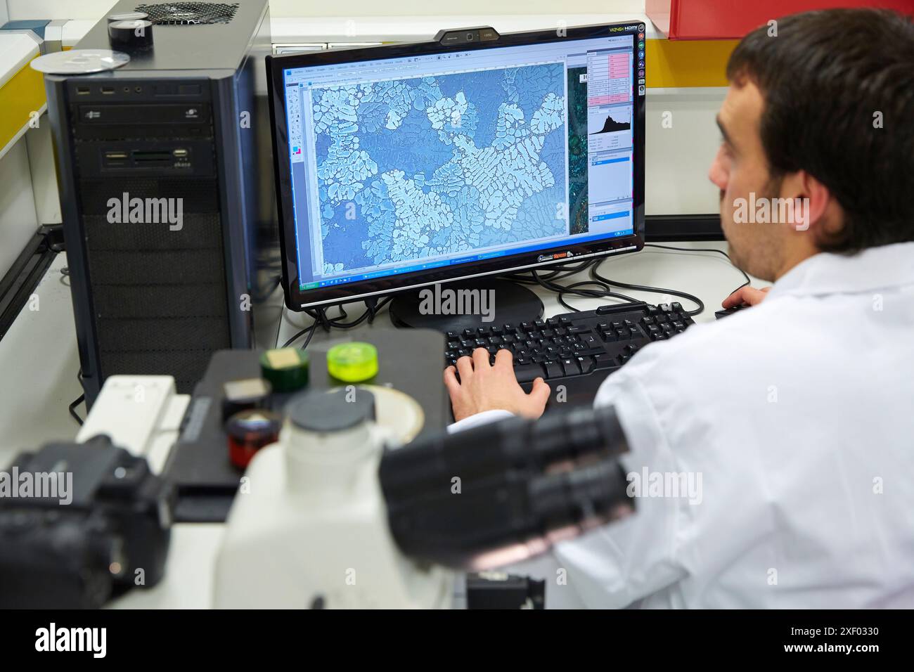 Analisi dei campioni incorporati. Microscopia ottica. Caratterizzazione, test e analisi di materiali e componenti. Servizi tecnologici all'industria. Foto Stock