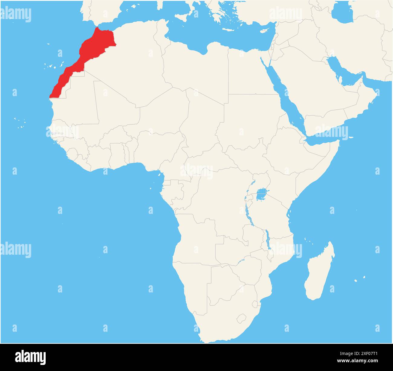 Mappa di localizzazione che mostra la posizione del paese Marocco in Africa. Il paese viene evidenziato con un poligono rosso. Anche i paesi piccoli sono contrassegnati con Illustrazione Vettoriale