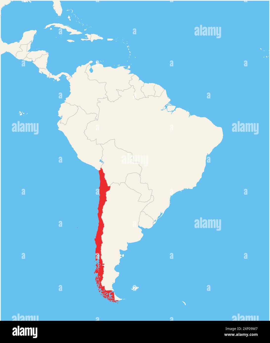 Mappa di localizzazione che mostra la posizione del paese Cile in Sud America. Il paese viene evidenziato con un poligono rosso. Anche i paesi piccoli sono marcati Illustrazione Vettoriale