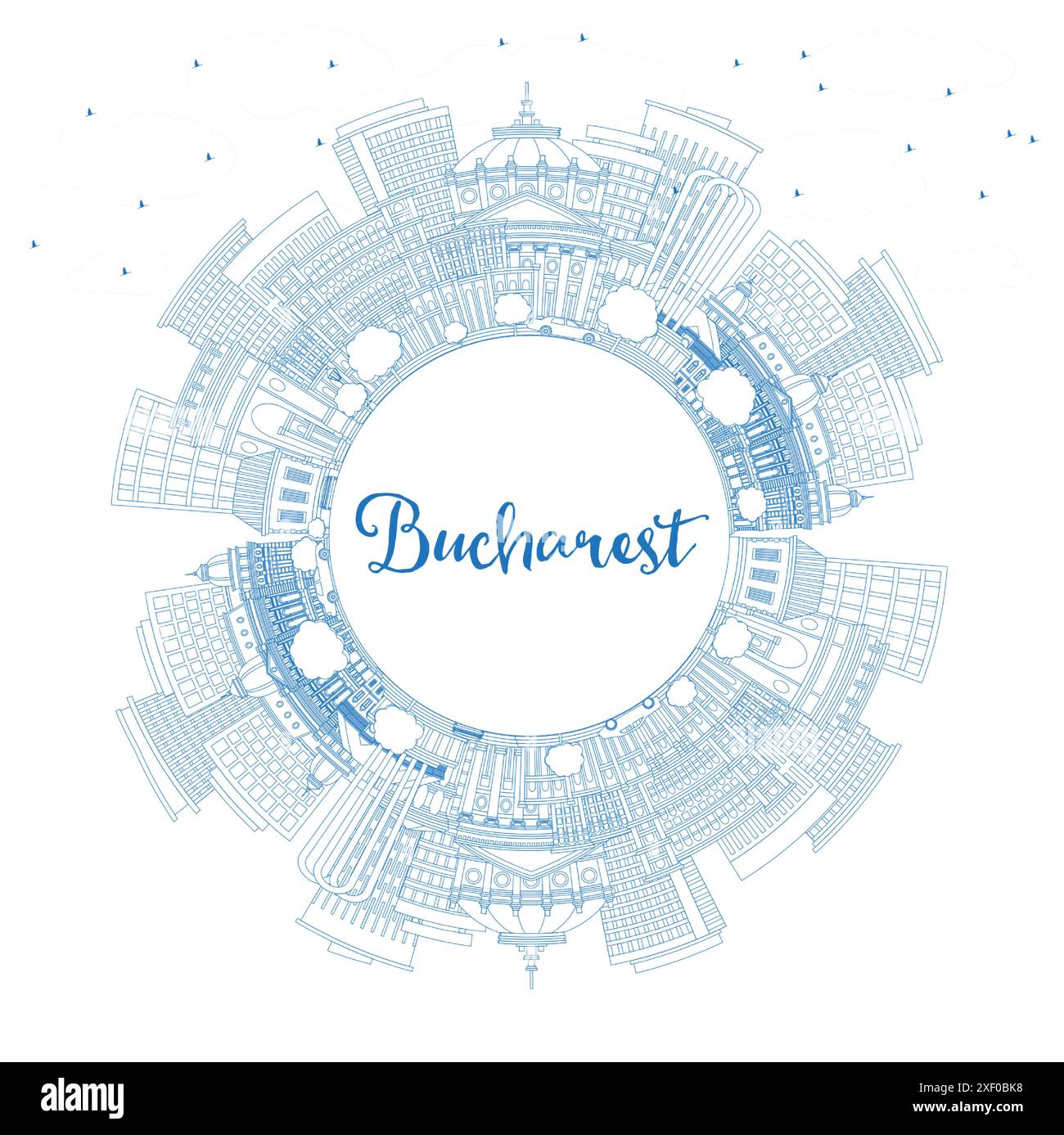 Delineate lo skyline di Bucarest in Romania con edifici blu e Copy Space. Illustrazione vettoriale. Il paesaggio urbano di Bucarest con i suoi punti di riferimento. Illustrazione Vettoriale