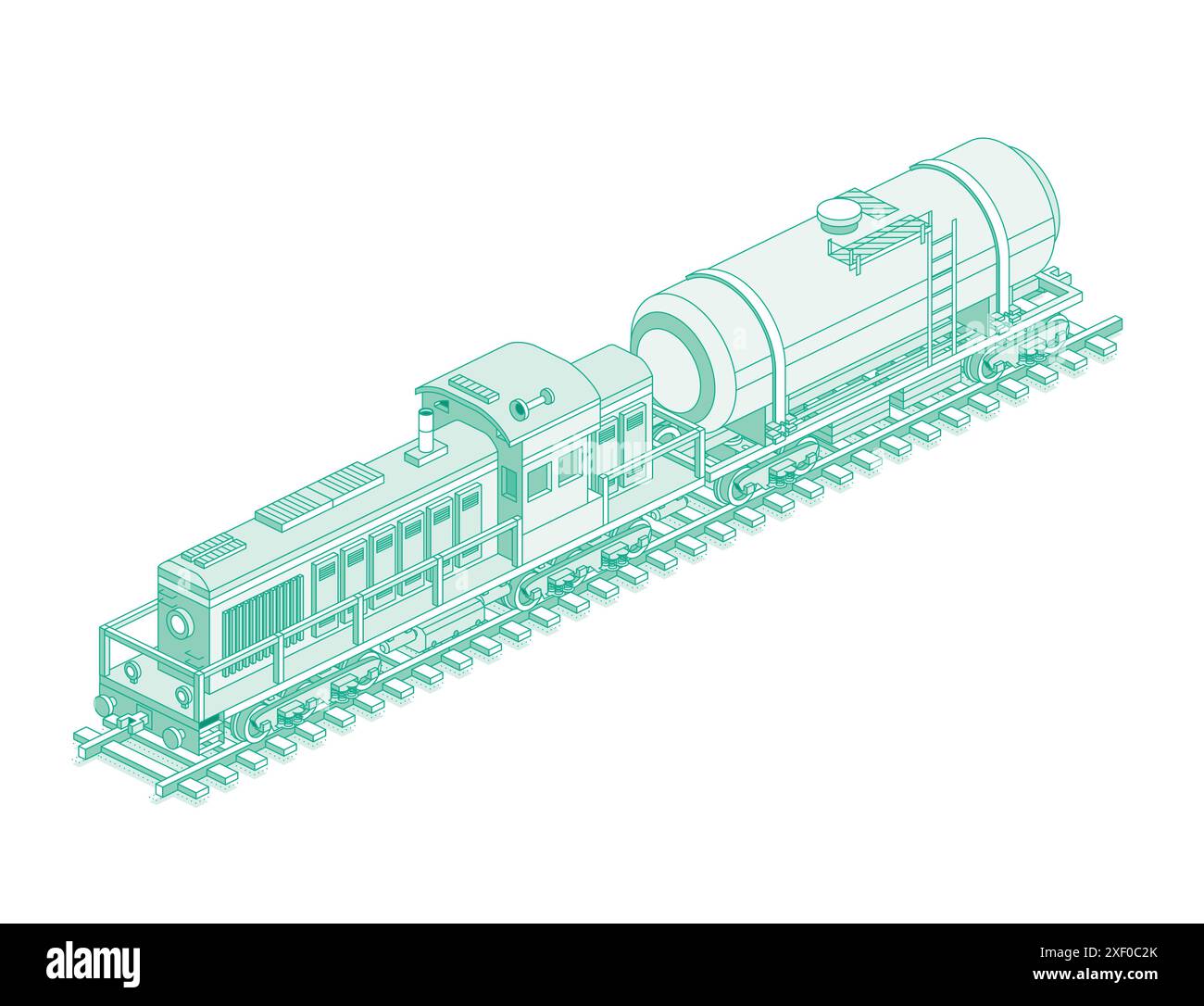 Locomotiva isometrica con autocisterna ferroviaria. Illustrazione vettoriale. Ferrovia. Oggetto isolato su sfondo bianco. Trasporto industriale. Illustrazione Vettoriale