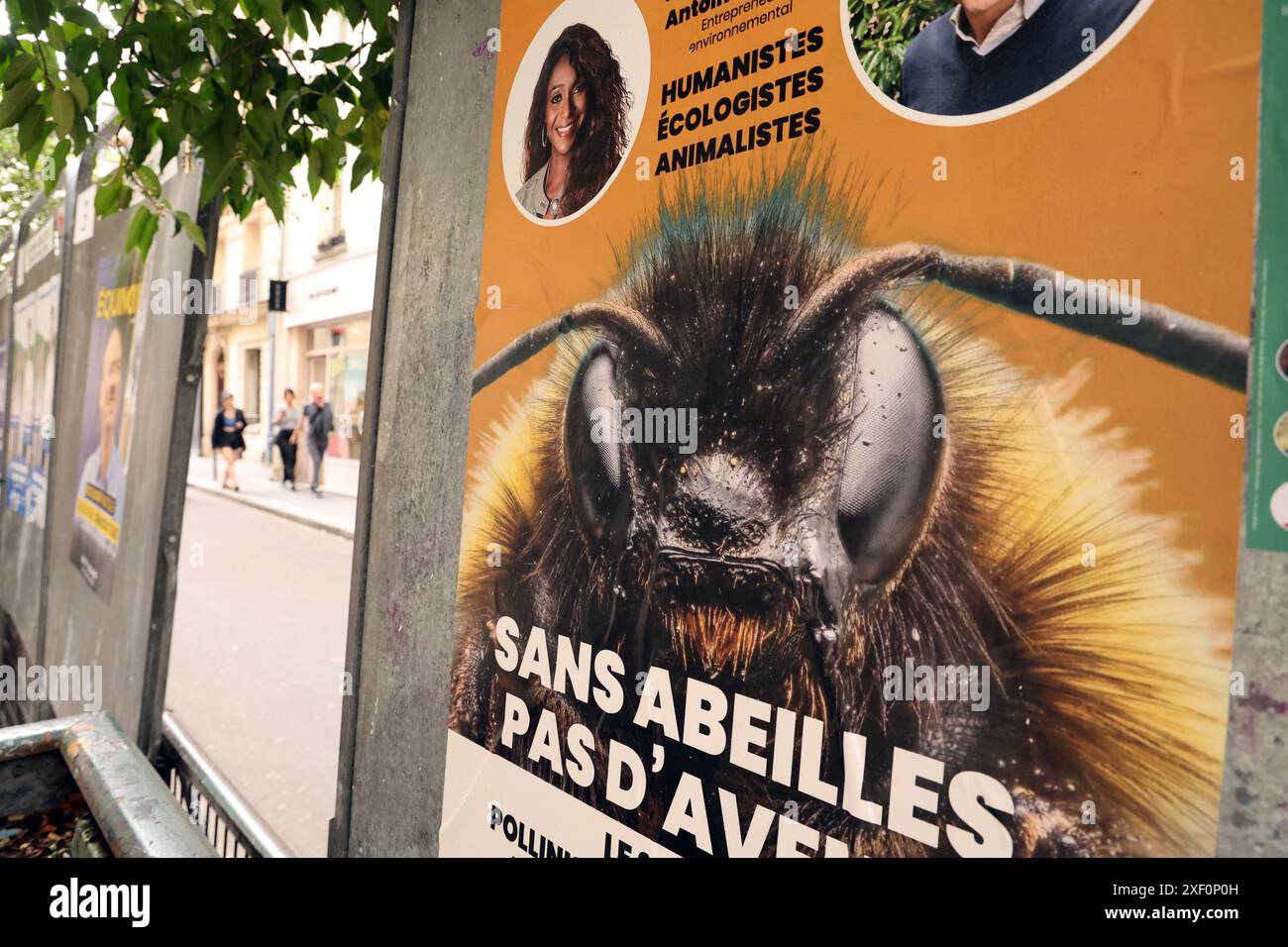 Parigi, Francia. 30 giugno 2024. La gente passa davanti a un manifesto della campagna verde che mostra un'ape di fronte a una postazione elettorale durante il primo turno delle elezioni parlamentari a Parigi, in Francia, domenica 30 giugno 2024. I sondaggi suggeriscono che il Presidente francese Emmanuel Macron si troverà di fronte a un parlamento ostile, dominato da due blocchi radicali, l'estrema destra e l'estrema sinistra. Foto di Maya Vidon-White/UPI credito: UPI/Alamy Live News Foto Stock
