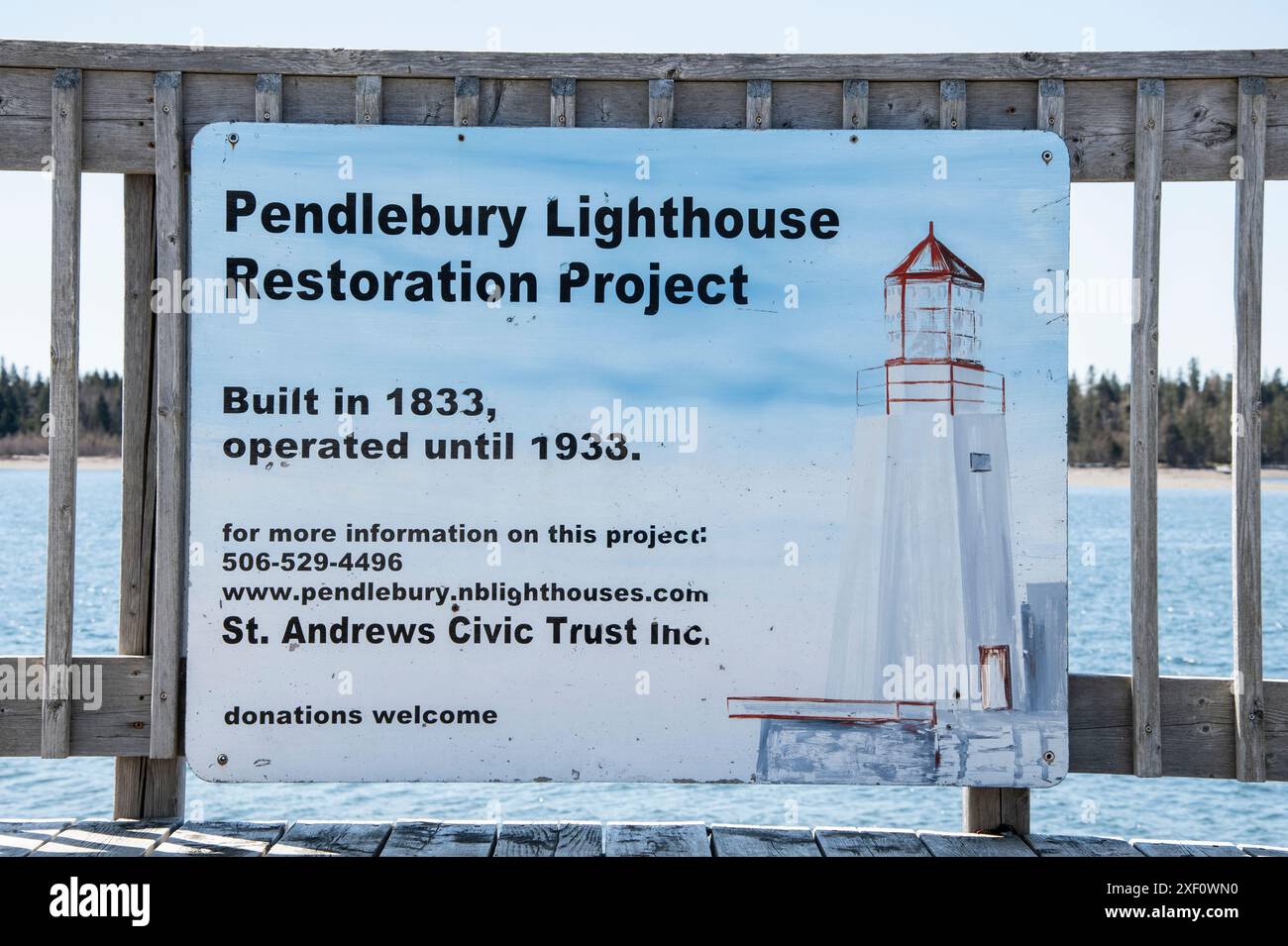 Cartello del progetto di restauro del faro di Pendlebury a St. Andrews, New Brunswick, Canada Foto Stock