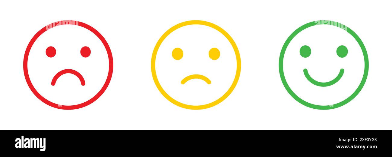 Set di icone emoji di valutazione. Icona del sorriso del viso simbolo dei segni del vettore di opinione neutro negativo. Gruppo di emoji di valutazione del feedback buono, medio, eccellente. Illustrazione Vettoriale