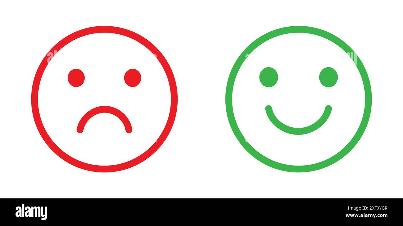 Icona vettoriale emoji felice e triste. Icona del sorriso del viso simbolo dei segni del vettore di opinione neutro negativo. Semplice logo Happy and Sad Emotion dalla forma piatta. Illustrazione Vettoriale