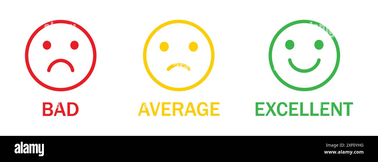 Set di icone emoji di valutazione con colori diversi. Icona del sorriso del viso simbolo dei segni del vettore di opinione neutro negativo. Set di icona emoji di valutazione feedback. Illustrazione Vettoriale