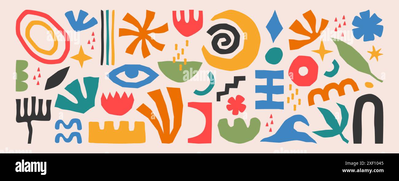 Set vettoriale di forme geometriche astratte, linee e forme naturali. Collezione di semplici figure disegnate a mano, elementi di design organici matisse. Icone a mano libera per bambini, oggetti a forma libera per scarabocchi Illustrazione Vettoriale