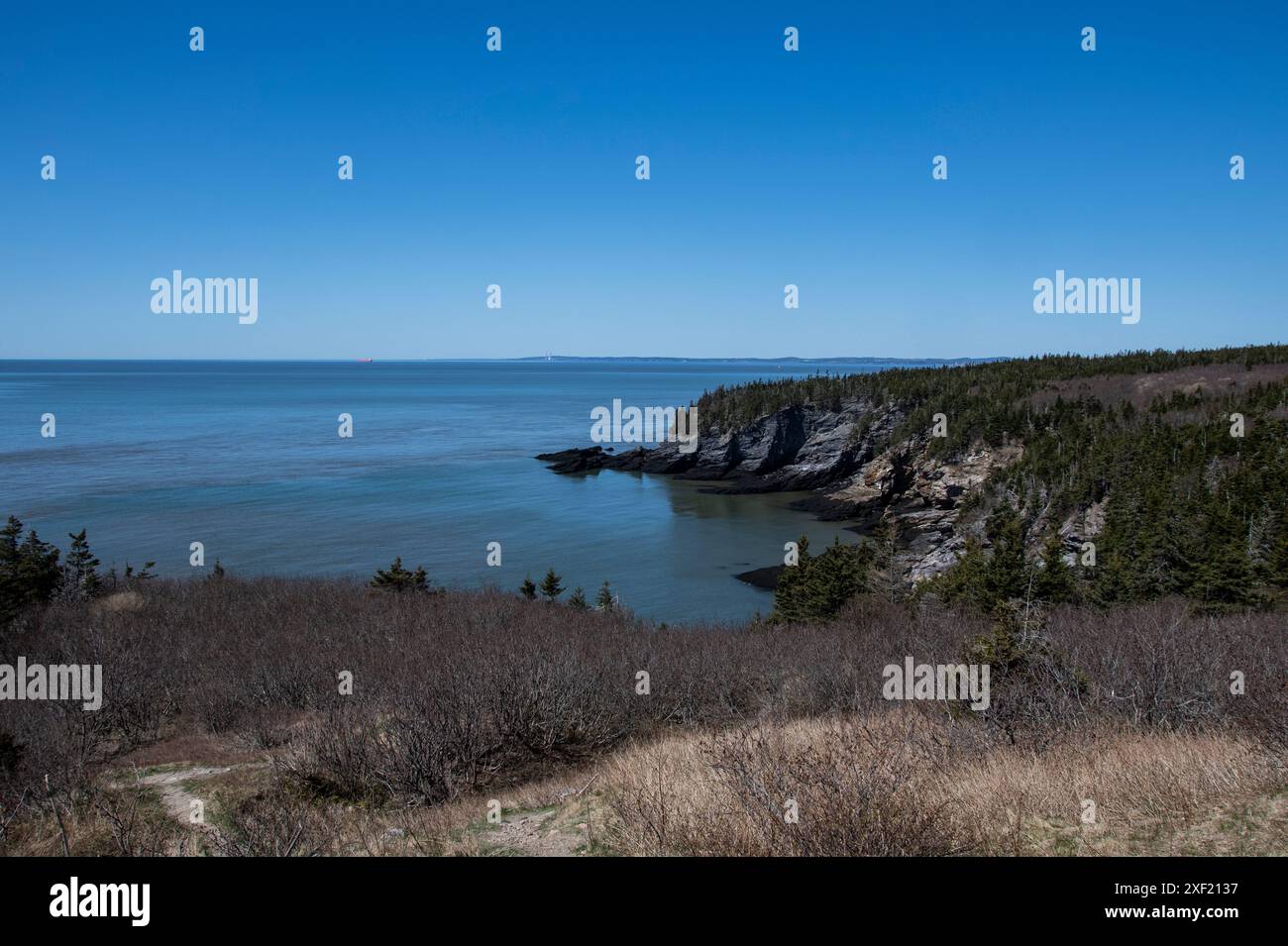 Vista della baia di Fundy e della nuova Scozia dal faro di Cape Spencer a Saint John, New Brunswick, Canada Foto Stock