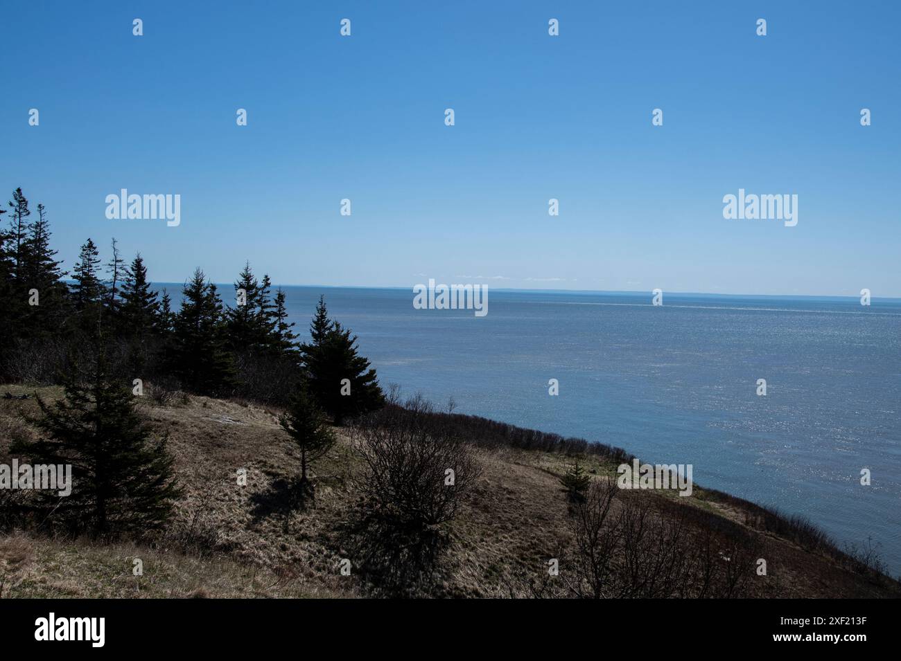 Vista della baia di Fundy e della nuova Scozia dal faro di Cape Spencer a Saint John, New Brunswick, Canada Foto Stock