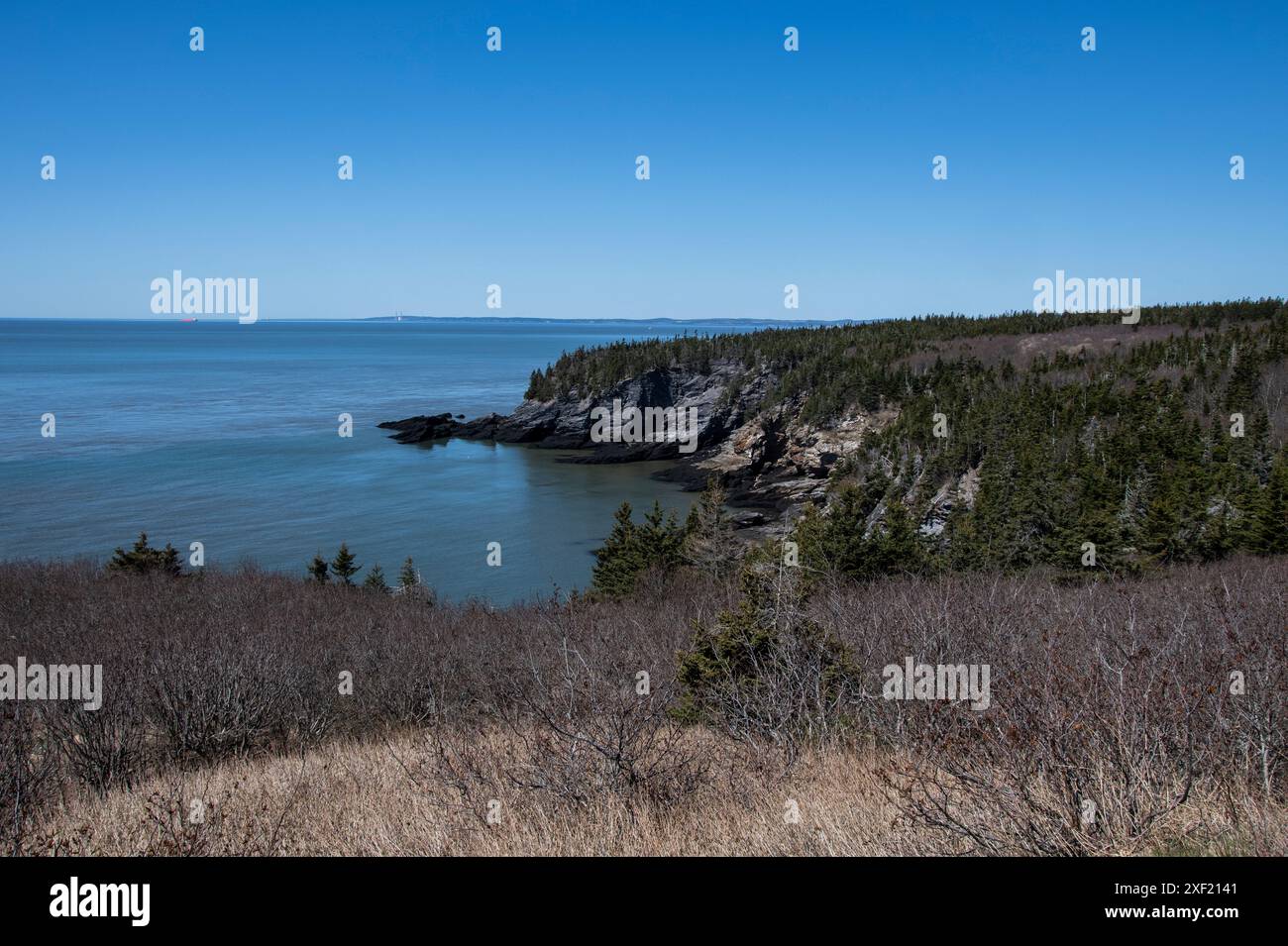 Vista della baia di Fundy e della nuova Scozia dal faro di Cape Spencer a Saint John, New Brunswick, Canada Foto Stock