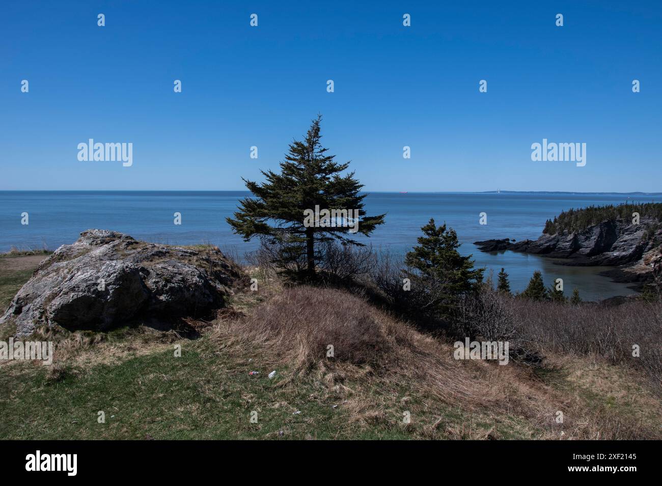 Vista della baia di Fundy e della nuova Scozia dal faro di Cape Spencer a Saint John, New Brunswick, Canada Foto Stock