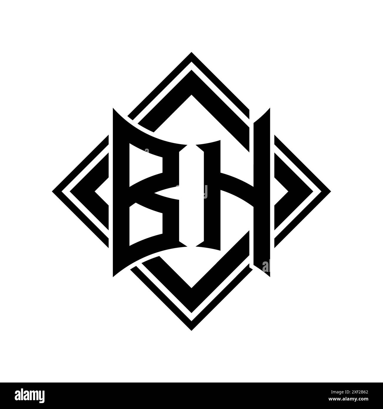 Logo BH Letter con scudo astratto con contorno nero quadrato su sfondo bianco Foto Stock