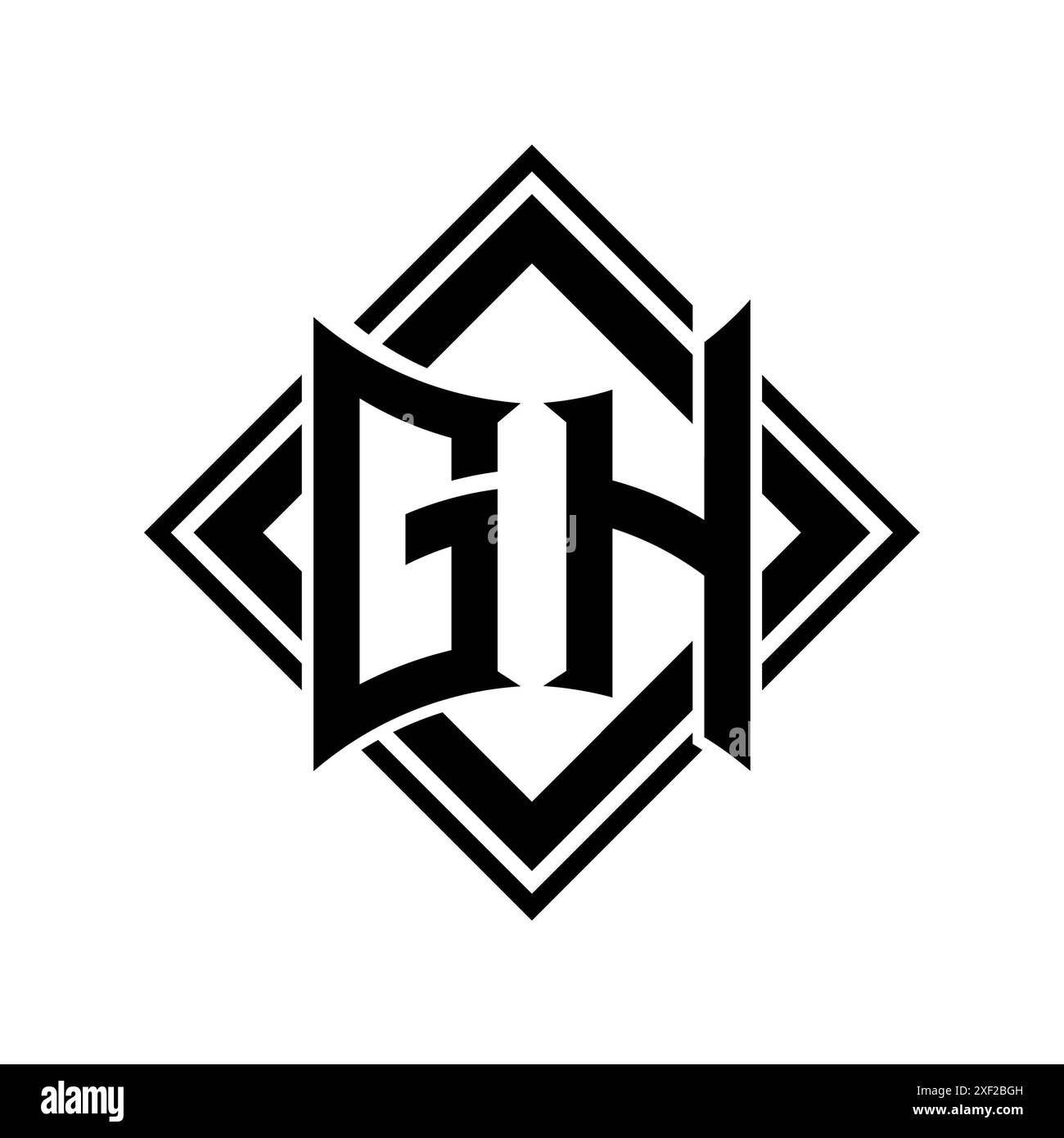 Logo GH Letter con scudo astratto con contorno nero quadrato su sfondo bianco Foto Stock