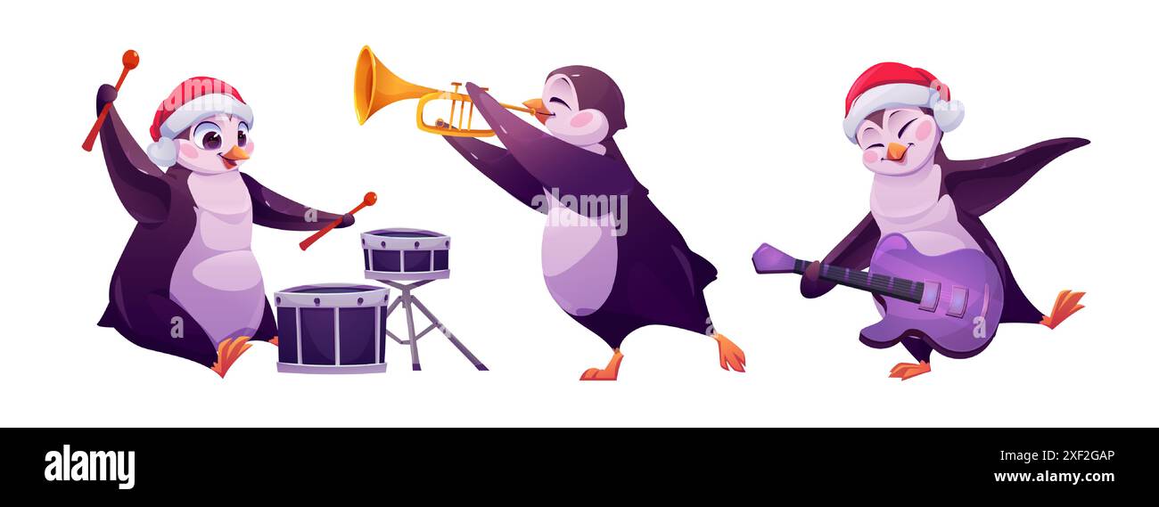 Simpatico personaggio dei pinguini nel cappello di Babbo Natale con strumenti musicali per il concetto di band animalistica. Collezione d'orchestra natalizia o invernale - allegri e divertenti uccelli del nord che suonano la chitarra, la batteria e la tromba Illustrazione Vettoriale