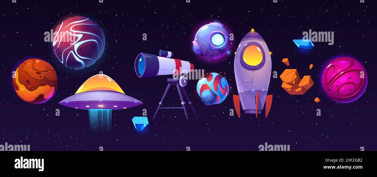 Elementi spaziali dei cartoni animati con effetto bagliore al neon: Pianeti alieni e pietre meteoriche, razzo spaziale e ufo, satellite cosmo e telescopio su sfondo scuro cielo stellato. Serie vettoriale di icone cosmiche. Illustrazione Vettoriale