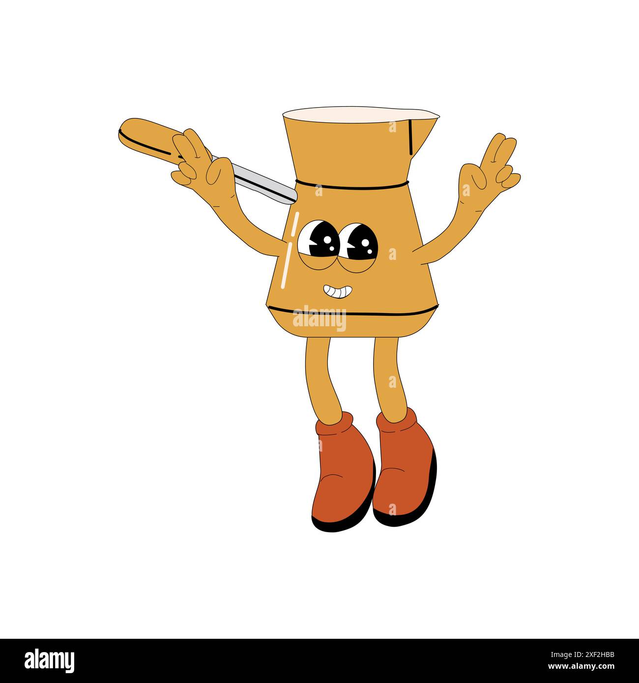 Macchina per il caffè Groovy Character. Isolato su bianco. Simpatico adesivo per la preparazione della bevanda calda y2k. Macchina per il caffè o caffettiera. Illustrazione Vettoriale