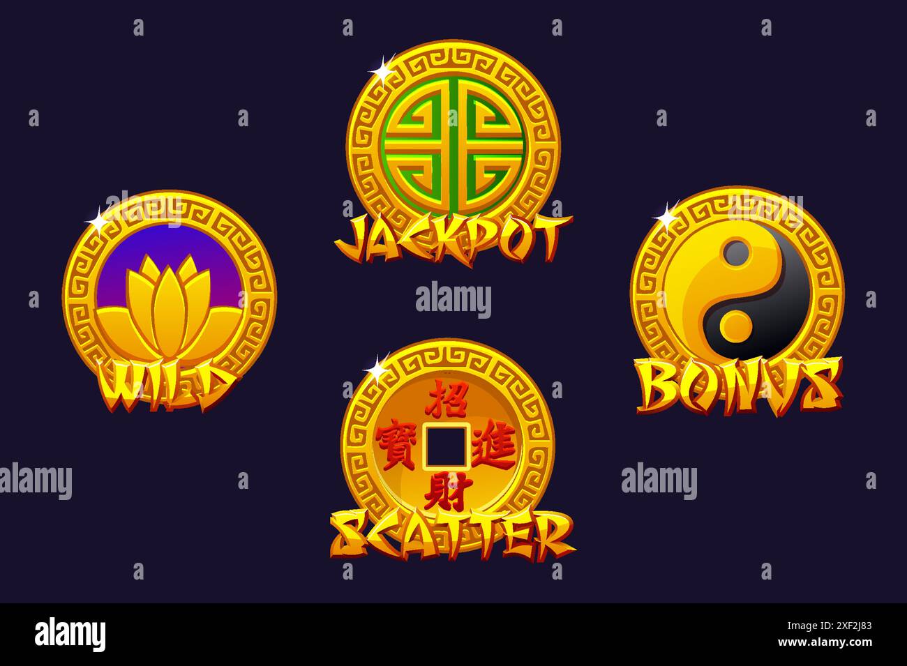 Icone delle slot cinesi: Wild, jackpot, bonus e scatter. Monete fortunate cinesi. Simboli vettoriali per giochi 2D e casinò o slot. Illustrazione Vettoriale