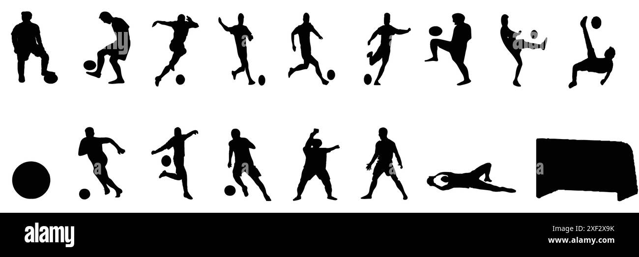 Set di giocatori di calcio. Illustrazione vettoriale della silhouette del giocatore di calcio su bianco. Illustrazione Vettoriale