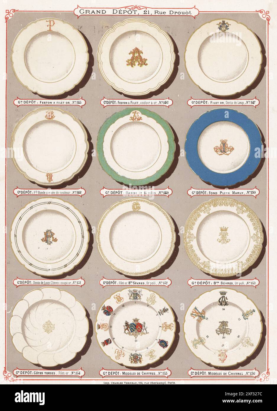 Una dozzina di piatti in porcellana in vari modelli. Feston a filetto o, banda, Fond Plein Marly, Dents de Loup, Sevres, Cotes Torses, Modeles de Chiffres. Chromolithograph di Charles Verneau da la Ceramique moderne par la Grand Depot di Emile Bourgeois, Modern Ceramics by the Grand Depot, 21 rue Drouot, Parigi, 1882. Foto Stock Una dozzina di piatti in porcellana in vari modelli. Feston a filetto o, banda, Fond Plein Marly, Dents de Loup, Sevres, Cotes Torses, Modeles de Chiffres. Chromolithograph di Charles Verneau da la Ceramique moderne par la Grand Depot di Emile Bourgeois, Modern Ceramics by the Grand Depot, 21 rue Drouot, Parigi, 1882. Foto Stock