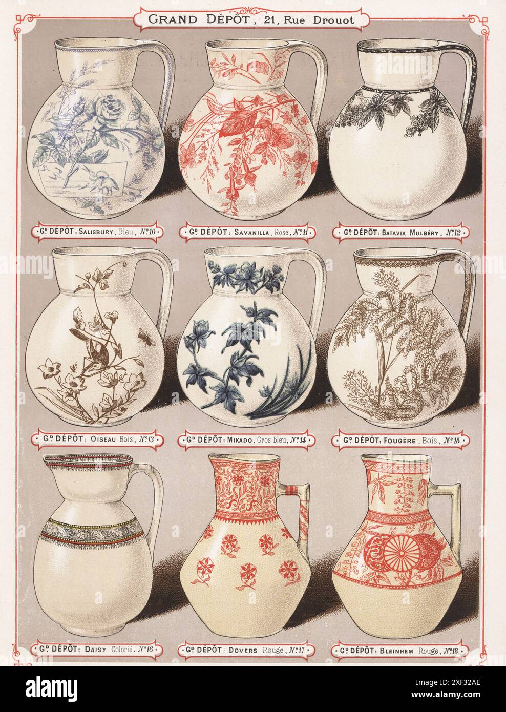 Brocche d'acqua in porcellana decorate. I progetti includono Salisbury, Savanilla, Batavia, Oiseau, Mikado, Fougere, Daisy, Dovers, Blenheim. Chromolithograph di Charles Verneau da la Ceramique moderne par la Grand Depot di Emile Bourgeois, Modern Ceramics by the Grand Depot, 21 rue Drouot, Parigi, 1882. Foto Stock Brocche d'acqua in porcellana decorate. I progetti includono Salisbury, Savanilla, Batavia, Oiseau, Mikado, Fougere, Daisy, Dovers, Blenheim. Chromolithograph di Charles Verneau da la Ceramique moderne par la Grand Depot di Emile Bourgeois, Modern Ceramics by the Grand Depot, 21 rue Drouot, Parigi, 1882. Foto Stock