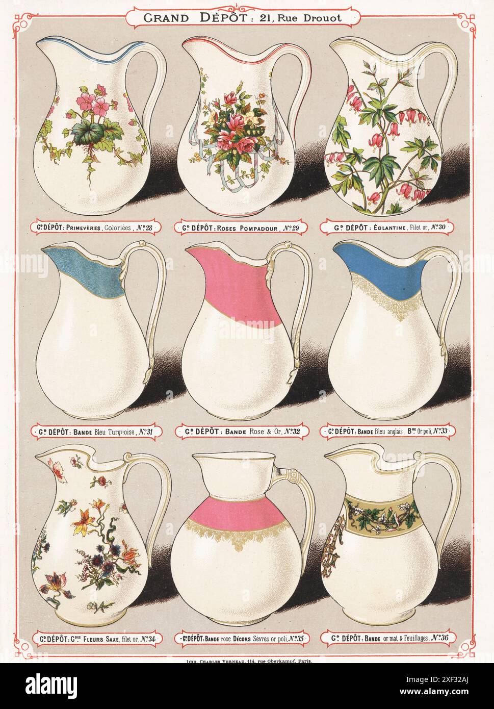 Brocche d'acqua in porcellana decorate. I disegni includono Primeveres, Roses Pompadour, Eglantine, banda, Fleurs Saxe, ecc.. Chromolithograph di Charles Verneau da la Ceramique moderne par la Grand Depot di Emile Bourgeois, Modern Ceramics by the Grand Depot, 21 rue Drouot, Parigi, 1882. Foto Stock Brocche d'acqua in porcellana decorate. I disegni includono Primeveres, Roses Pompadour, Eglantine, banda, Fleurs Saxe, ecc.. Chromolithograph di Charles Verneau da la Ceramique moderne par la Grand Depot di Emile Bourgeois, Modern Ceramics by the Grand Depot, 21 rue Drouot, Parigi, 1882. Foto Stock