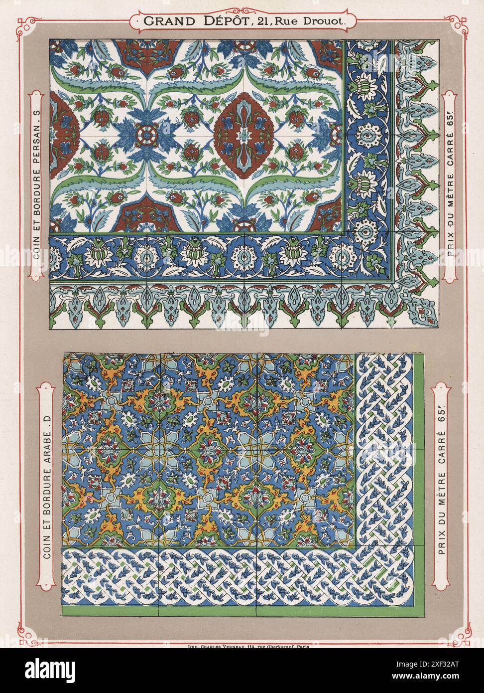 Piastrelle di porcellana in disegni arabi e persiani, compresi angoli e bordi. Coin et Bordure Arabe, Coin et Bordure Persan. Chromolithograph di Charles Verneau da la Ceramique moderne par la Grand Depot di Emile Bourgeois, Modern Ceramics by the Grand Depot, 21 rue Drouot, Parigi, 1882. Foto Stock Piastrelle di porcellana in disegni arabi e persiani, compresi angoli e bordi. Coin et Bordure Arabe, Coin et Bordure Persan. Chromolithograph di Charles Verneau da la Ceramique moderne par la Grand Depot di Emile Bourgeois, Modern Ceramics by the Grand Depot, 21 rue Drouot, Parigi, 1882. Foto Stock