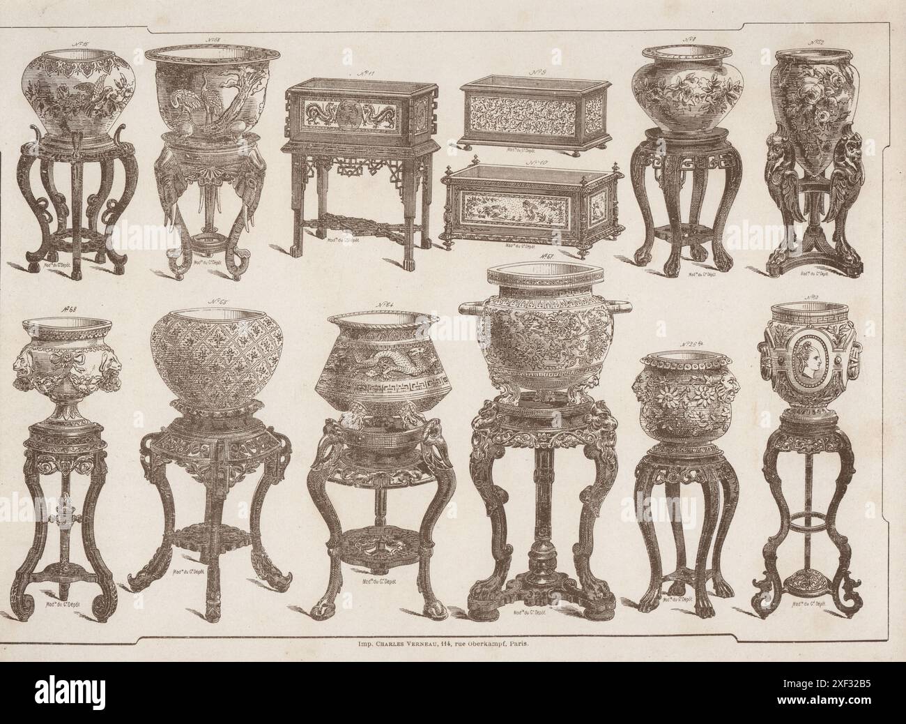 Ciotole in porcellana su banchi in legno ornamentali del Grand Depot. Litografia di Charles Verneau da la Ceramique moderne par la Grand Depot di Emile Bourgeois, Modern Ceramics by the Grand Depot, 21 rue Drouot, Parigi, 1882. Foto Stock Ciotole in porcellana su banchi in legno ornamentali del Grand Depot. Litografia di Charles Verneau da la Ceramique moderne par la Grand Depot di Emile Bourgeois, Modern Ceramics by the Grand Depot, 21 rue Drouot, Parigi, 1882. Foto Stock