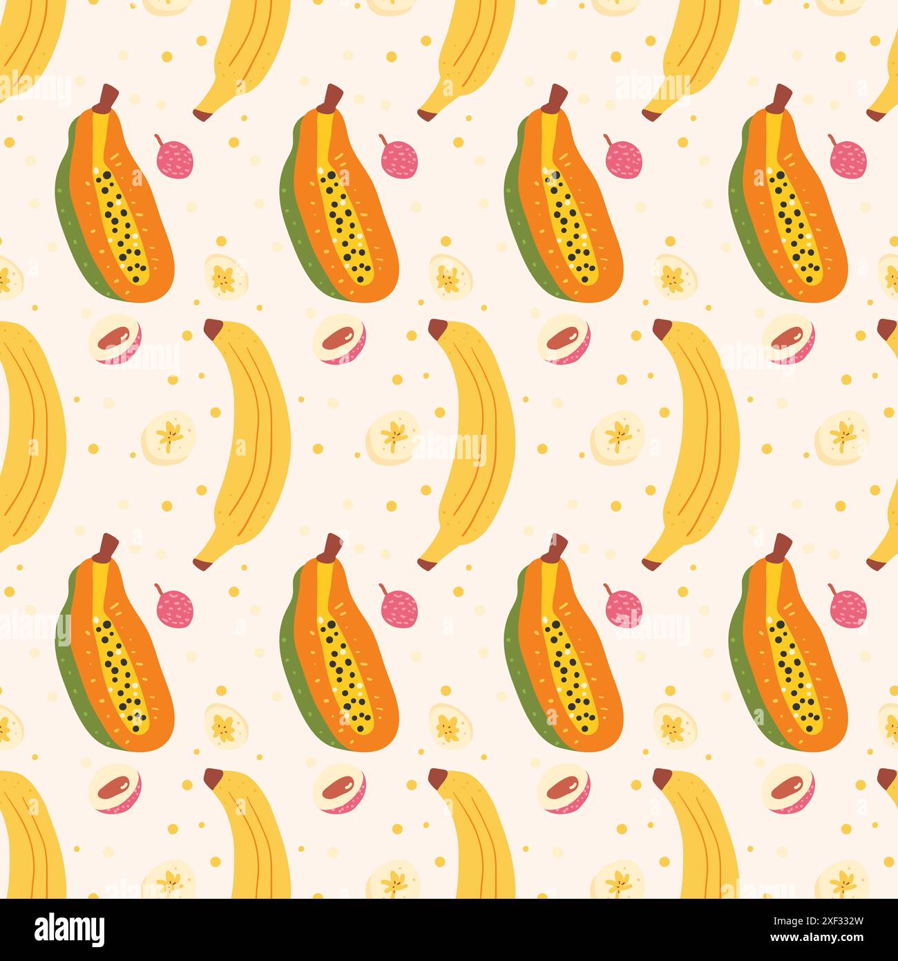 Banana, papaya e lychee ripetono lo schema. Fondo di frutta tropicale senza cuciture. Illustrazione vettoriale disegnata a mano. Illustrazione Vettoriale
