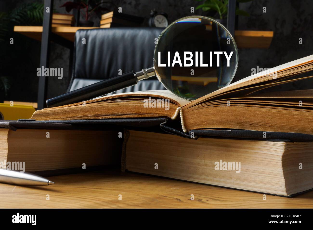 Concetto di responsabilità legale. Libri di legge e lente d'ingrandimento. Foto Stock