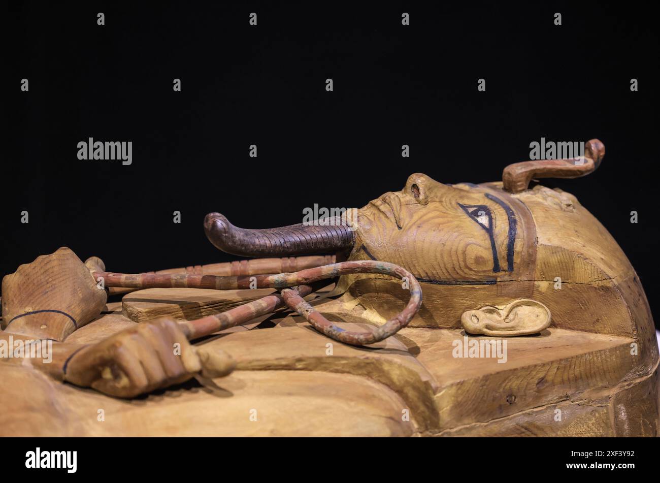 Colonia, Germania. 1 luglio 2024. La bara di Ramses II è stata inaugurata per la mostra "Ramses & the Gold of the Pharaohs" presso l'Odysseum. Questa è la prima volta che la mostra è stata esposta in Germania. Il fulcro e più grande osservatore è il sarcofago di Ramses II, scoperto nel 1811 in una tomba archeologica sulla riva occidentale del Nilo. Crediti: Oliver Berg/dpa/Alamy Live News Foto Stock