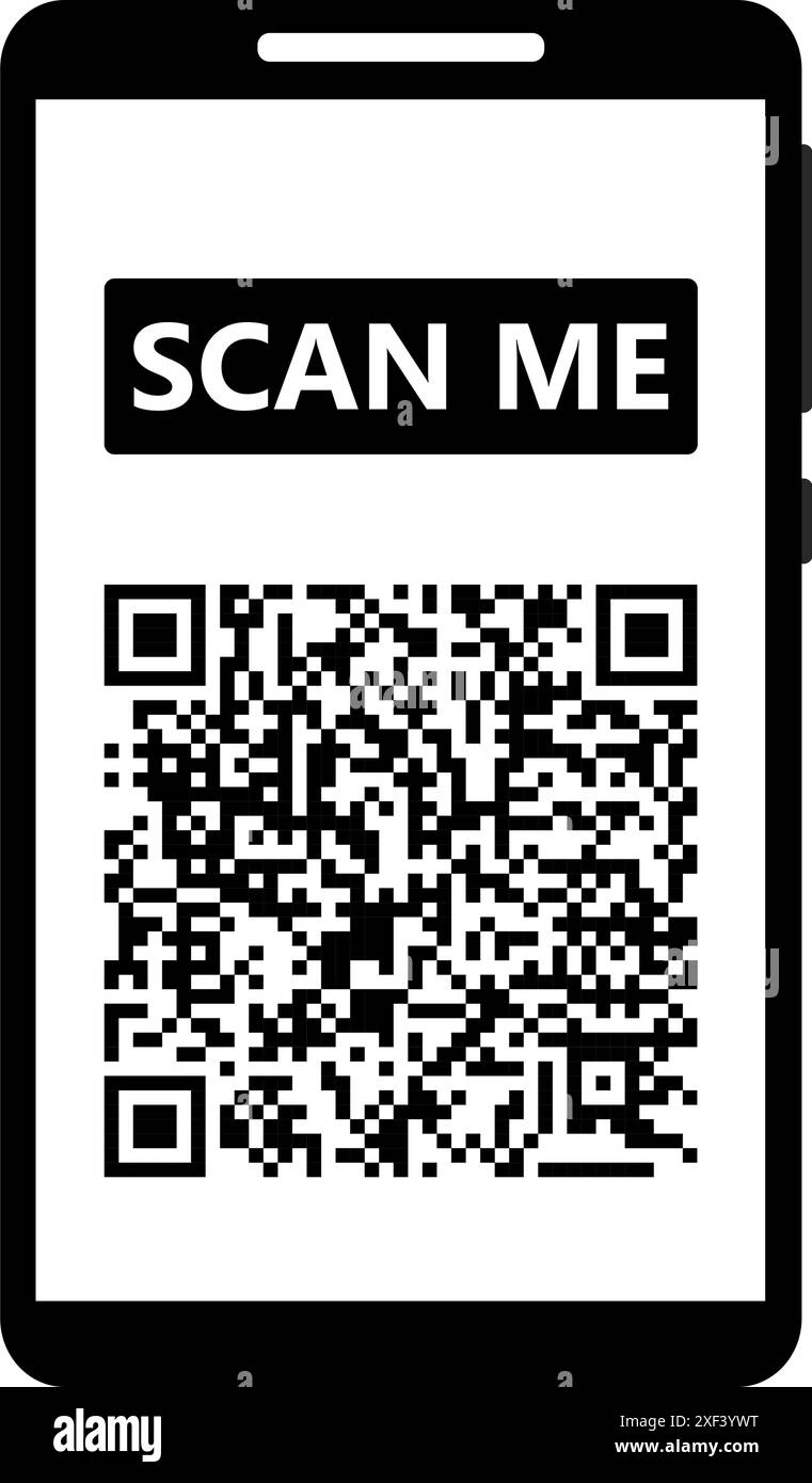 Scansionami, firma le informazioni con il codice qr. Vettore dell'etichetta mobile, icona dello smartphone, messaggio adesivo simbolo, tecnologia istantanea digitale, schermo dell'app per telefono Illustrazione Vettoriale
