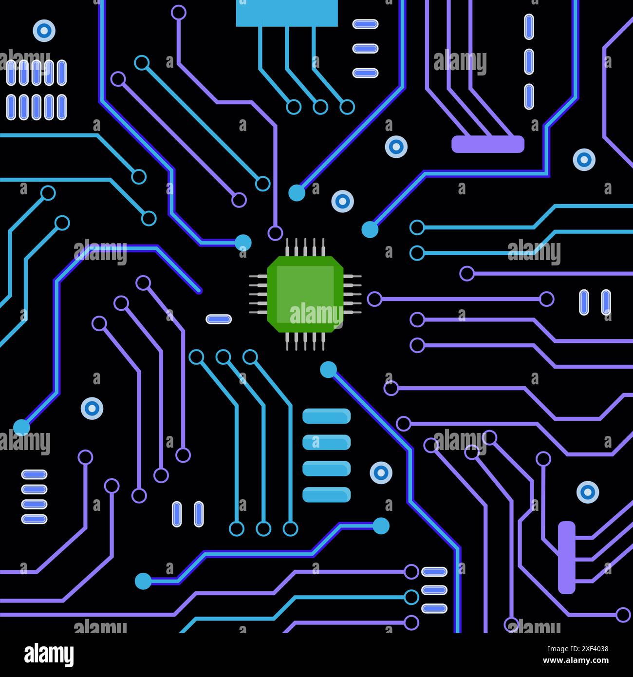 Scheda madre a colori, parte dei dettagli del computer. Vettore della parte informatica, circuito hardware, sistema elettronico tecnologico, dispositivo integrato pc desktop, Illustrazione Vettoriale
