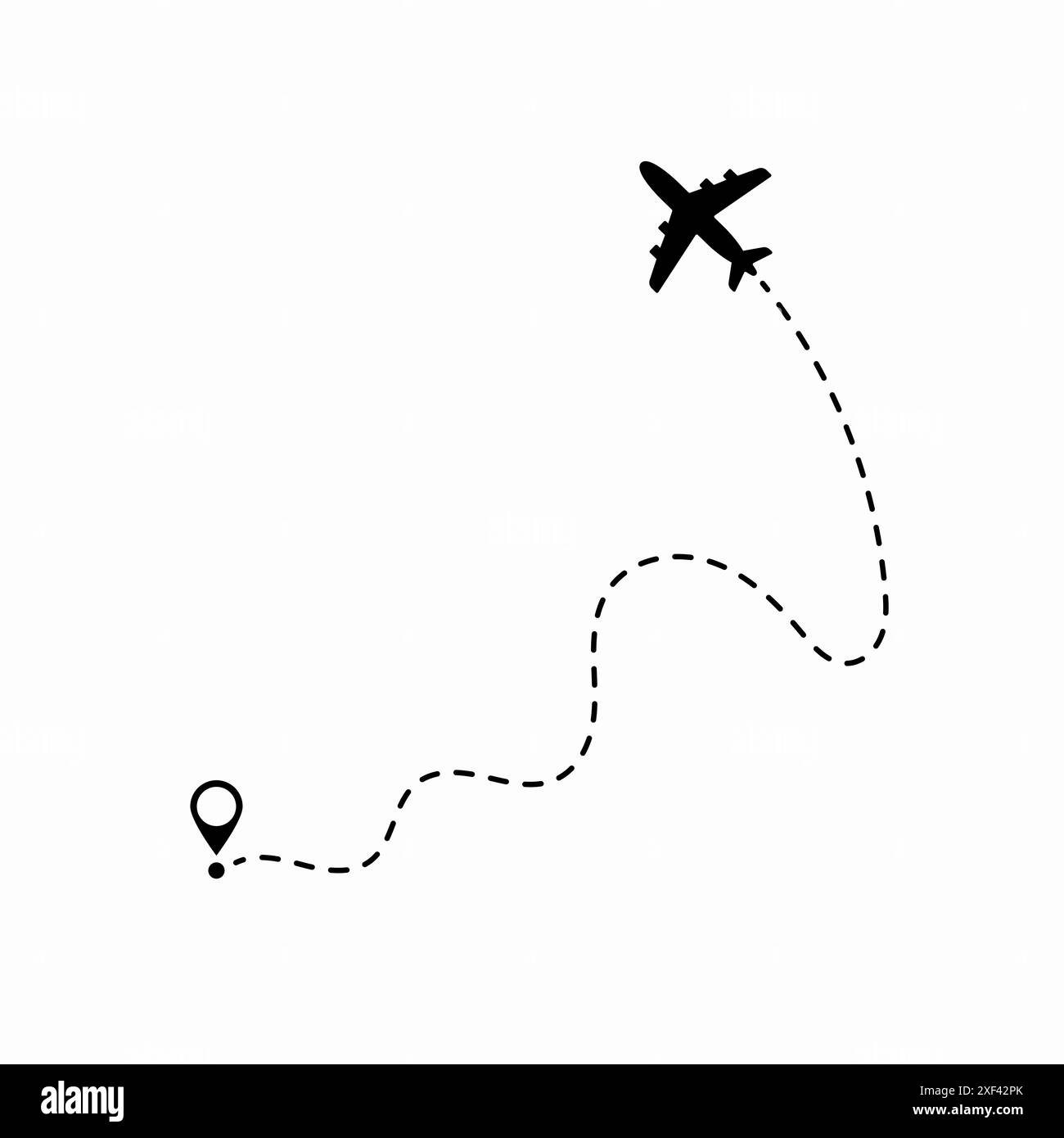 Concetto di viaggio. Aereo a traiettoria tratteggiata. Tracciamento degli aerei. Percorso aereo. Illustrazione vettoriale su sfondo bianco isolato. Illustrazione Vettoriale