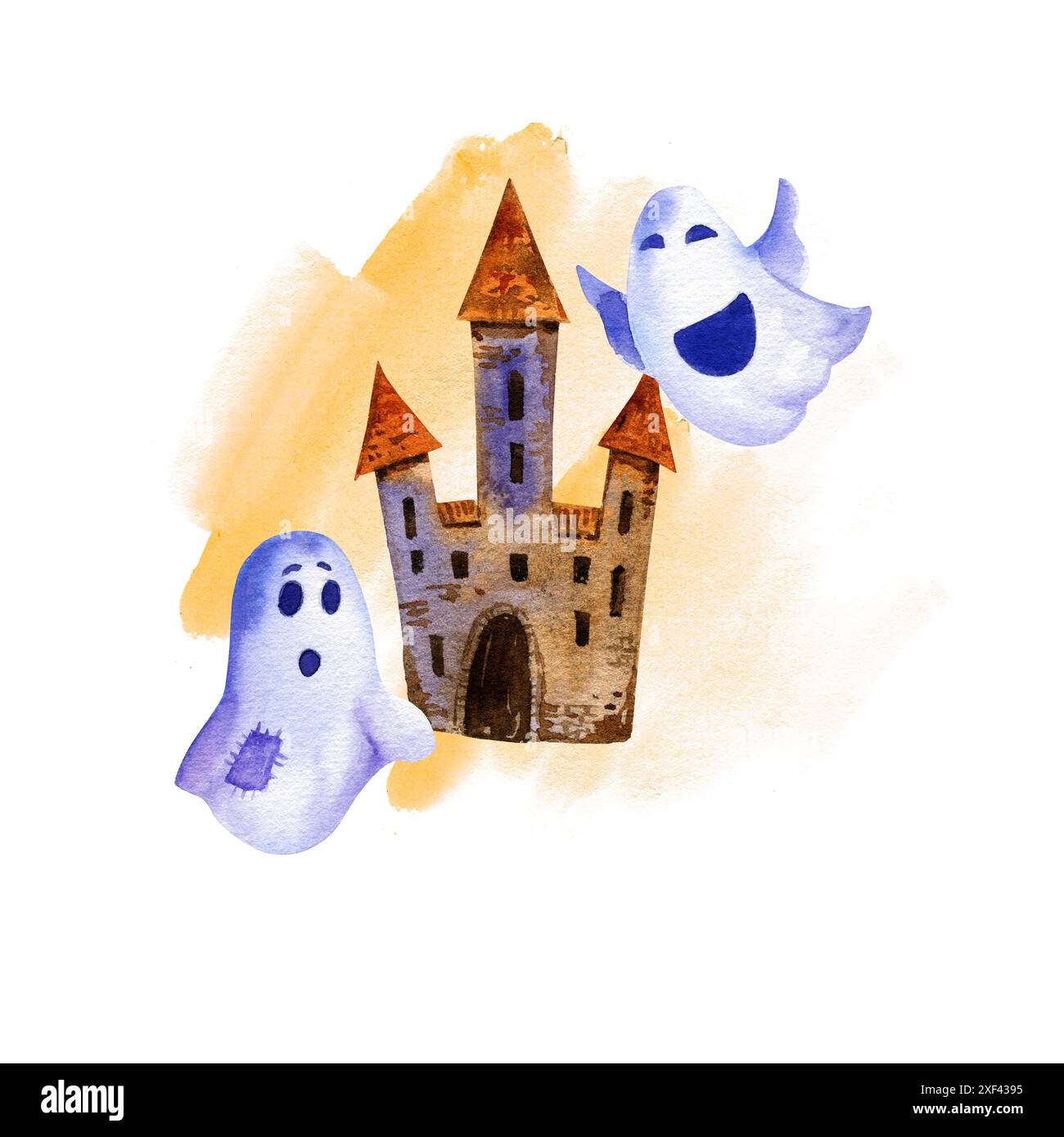 Composizione ad acquerello del tema Halloween con torre, fantasma divertente, bandiere arancioni contro schizzi di acquerello, schizzo disegnato a mano, illustrazione a fumetti f Foto Stock