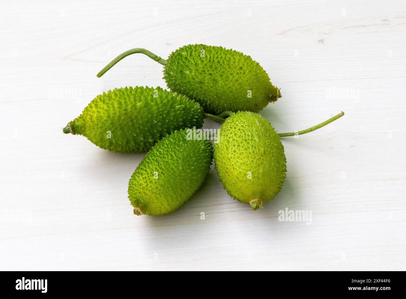 Verdure fresche spinose su fondo in legno. Momordica dioica è anche conosciuta come Kakrol, Kartoli, Kankoda, Kantola. Foto Stock
