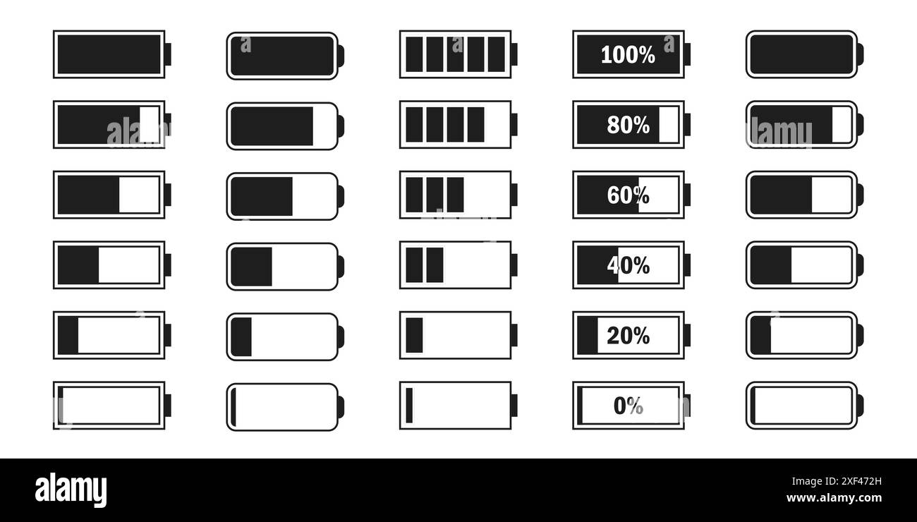 Set di icone livello energia batteria. Batterie completamente piene e completamente scariche. Concetto di riutilizzo dell'energia. Etichette alcaline. Punto di ricarica della batteria, ricarica Illustrazione Vettoriale