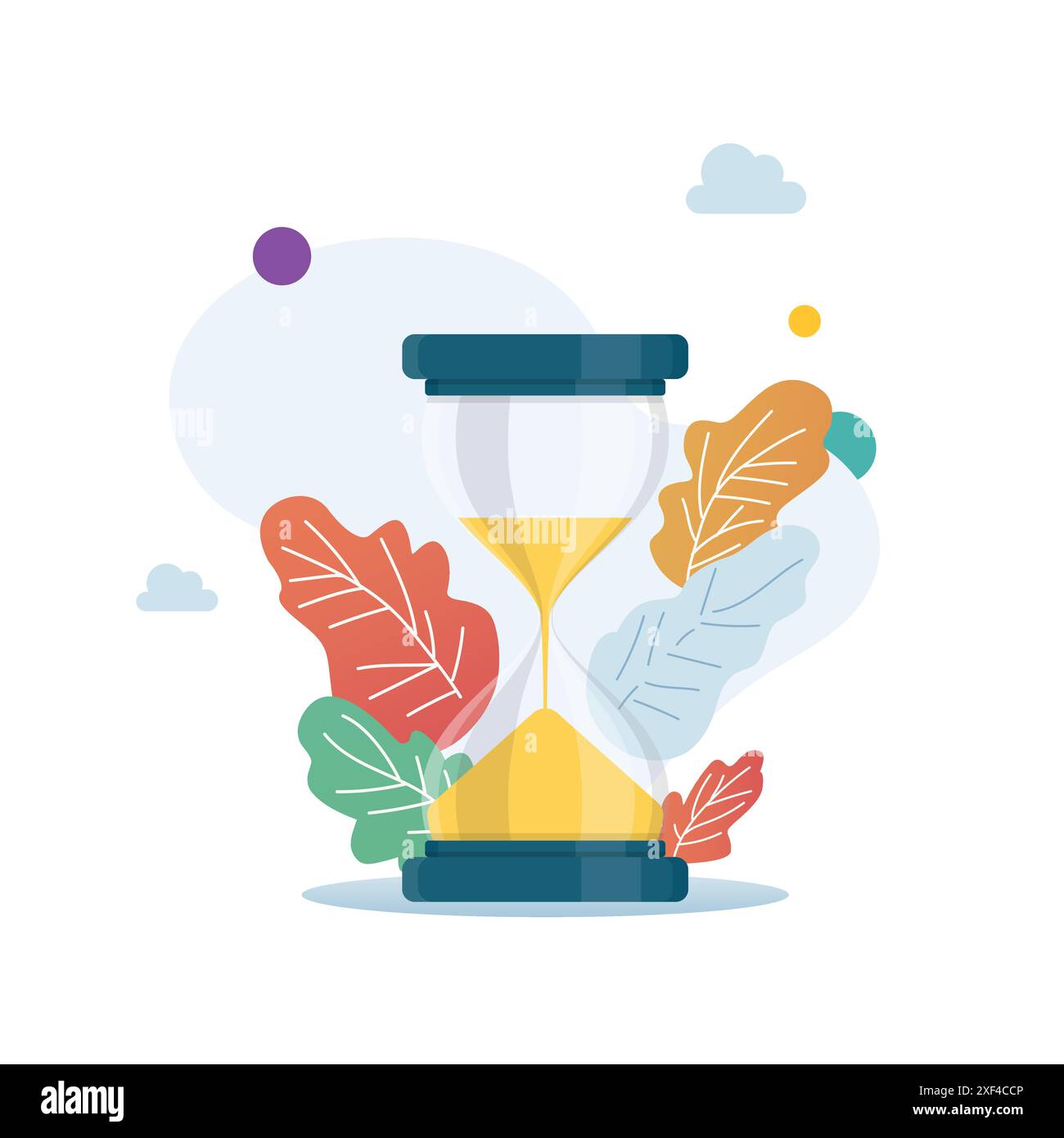 clessidra con decorazioni naturali. Concetto di gestione delle scadenze e dei tempi. Illustrazione vettoriale in stile piatto. Illustrazione Vettoriale